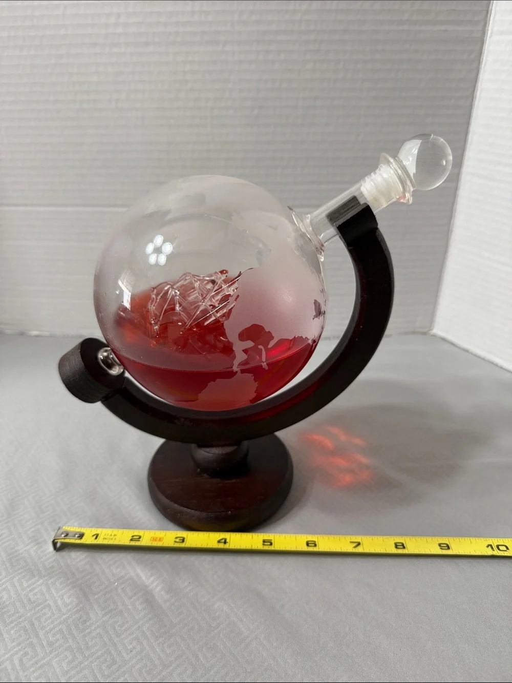 BarMe Etched Class World Globe Liquor Decanter Wood Stand & Glass Ship Inside